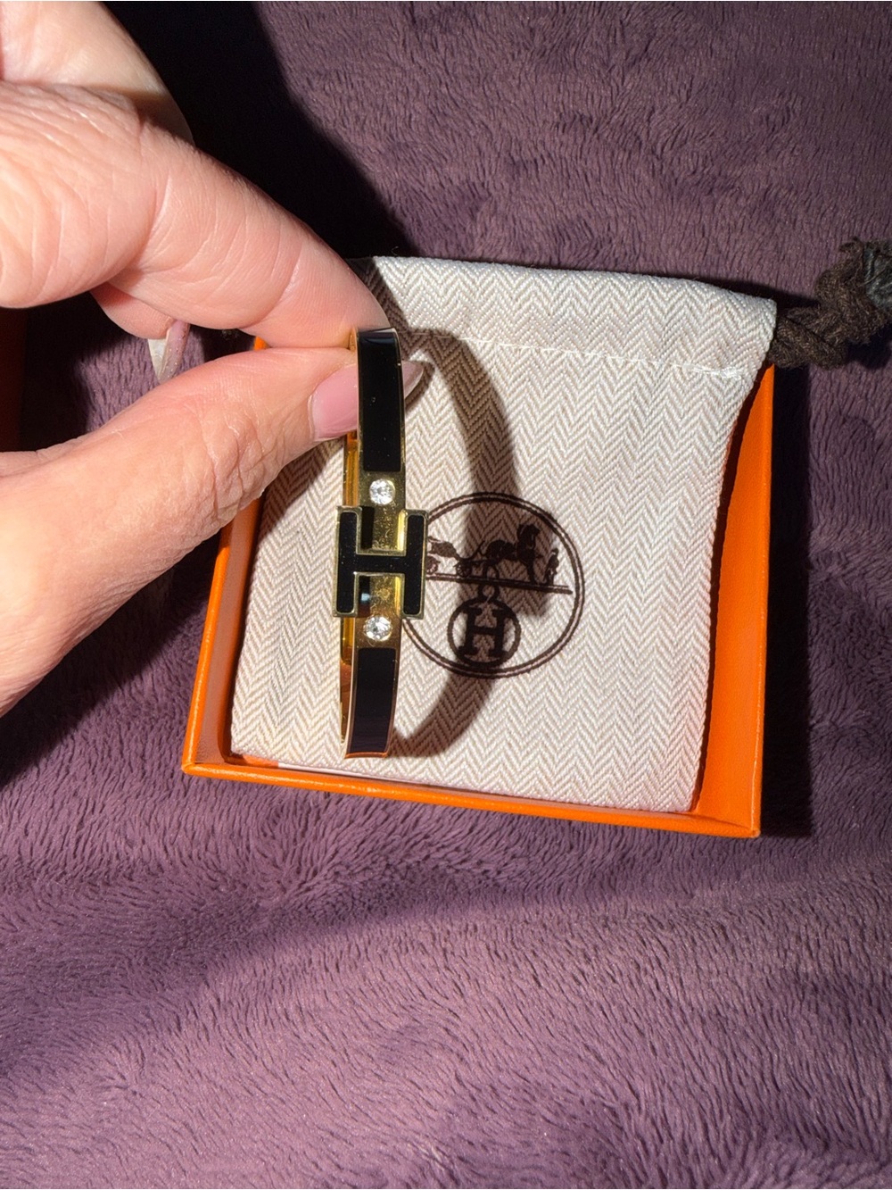 Hermes Black Enamel H Bangle with Gold Tone and Crystals
